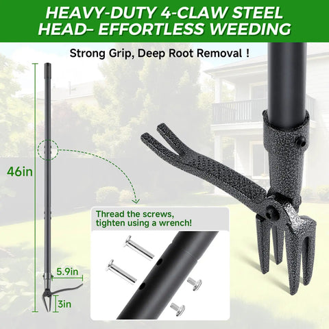 Stand Up Weed Puller Tool With A 46 Inch Adjustable All Metal Long Handle And A 4 Claw Steel Head For Root Removal No Bending Or Kneeling Heavy Duty Back And Knee Friendly Garden Weeder, 46in steel handle and 4-claw head