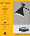 All-in-One Desk Lamp With Qi Wireless Charging Pad And USB Port, Adjustable Shade, Matte Black And Brass Finish