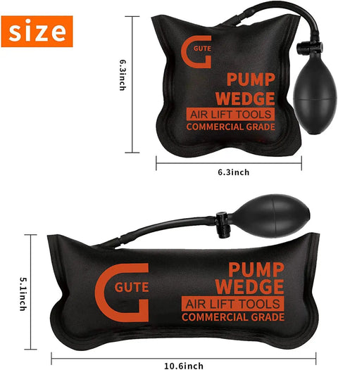 Air Wedge Bags With Pump 2 Pack Pro Leveling Kit For Heavy Lifting 300 Lbs showing two sizes of inflatable wedges with dimensions