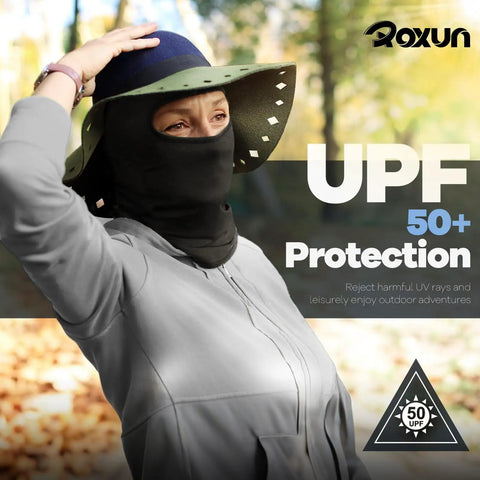 Person wearing black balaclava ski mask 5 pack neck gaiter for motorcycle and outdoor sports all season face covering.