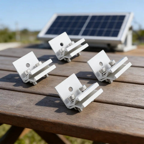 Beefy Aluminum Solar Mounting Clamps 4 Pack Fully Pre Assembled With Stainless Steel Screws And Washers on wooden table.