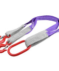 Two-leg lifting slings with red hooks and purple polyester straps, 3.3 ft long, 4409 lb capacity.