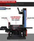 Side view of Dual Speed 1 Inch By 42 Inch Belt Disc Sander Combo With Large Work Table Direct Drive Brushless Motor