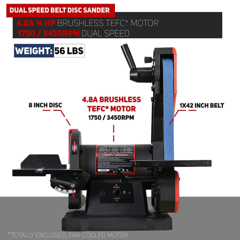 Side view of Dual Speed 1 Inch By 42 Inch Belt Disc Sander Combo With Large Work Table Direct Drive Brushless Motor