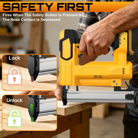 Tough Cordless Brad Nailer And Two In One 18 Gauge Staple Driver Fires Smooth Using Safety Trigger And Quick Jam Unlock Arrives Packed Full Of 2000 Nails Suited For Woodworking Upholstery And Rapid Weekend Fixes Requires 20V Tool Batteries Sold Apart