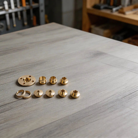Rock Solid Brass Router Guide Bushing Set With Acrylic Base Plate And Dang Accurate Centering Pin complete kit on wood surface.