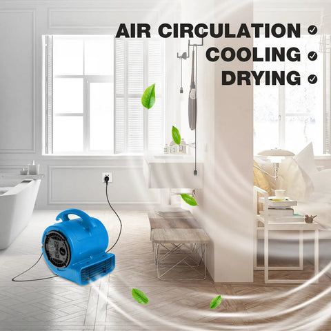 High Velocity Air Mover Blower Fan For Drying Floors And Carpets 800 CFM in a modern room showing air circulation.
