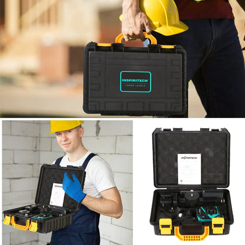 Worker holding a Self Leveling Laser Level With 3x360 Green Beams And 12 Cross Lines, showing hard-sided case and accessories