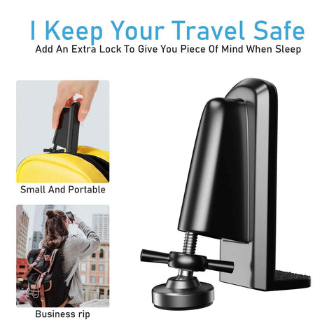 Heavy Duty Portable Door Jammer With Stopper Lock For Hotel Room Safety And Home Entry Defense Rock Solid Travel Door Brace No Nonsense Security Gear In Sleek Black, close-up showing portable design and locking mechanism.
