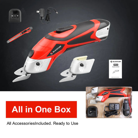 Heavy Hitter Dual Blade Cordless Electric Scissors With Rechargeable Battery Power Cutter For Fabric Leather And Cardboard with accessories included.