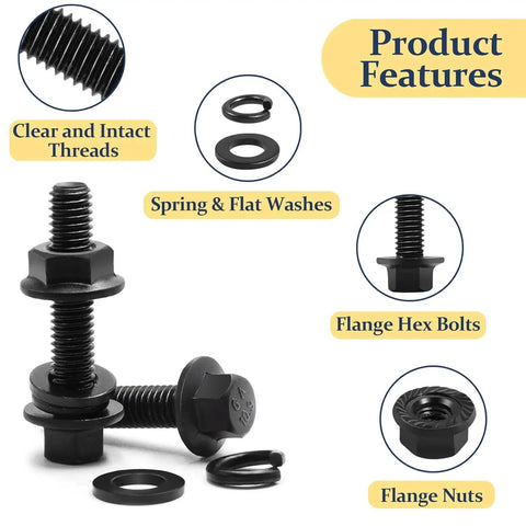 Industrial Strength M6 M8 M10 Flange Bolt And Serrated Nut Assortment Kit 288 Piece Hardware Set Featuring Heavy Duty Washers and Spring Lock Washers for Car Care and Restoration showing clear threads, flange bolts, flat and spring washers.