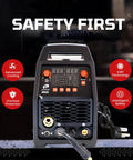 Front view of Aluminum Ready Six In One MIG Welder With Spool Gun 225 Amp 110 220 Volt Auto Synergistic Settings
