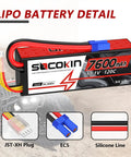 Beefy High Capacity 3S 7600mAh LiPo Battery 11.1V With EC5 Connector for RC models, showcasing JST-XH and EC5 plugs