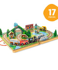 Portable Wooden Railroad Tabletop Playset With Magnetic Train Cars And Animal Scenery For Toddlers And Preschoolers Age Three Plus Legit Awesome Travel Kit with 17 pieces, featuring colorful train cars and scenery.