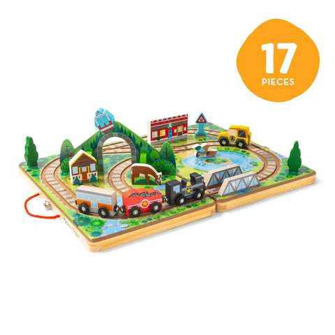 Portable Wooden Railroad Tabletop Playset With Magnetic Train Cars And Animal Scenery For Toddlers And Preschoolers Age Three Plus Legit Awesome Travel Kit with 17 pieces, featuring colorful train cars and scenery.