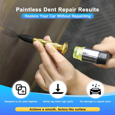 Paintless Dent Repair Kit For Home Mechanics With Dent Puller Set And Metal Lifter Bridge Puller Slide Hammer T Bar PDR Tools For Car Dents Auto Body Hail Damage Removal DIY Repair That Keeps Factory Finish, gold dent tool tapping a car panel