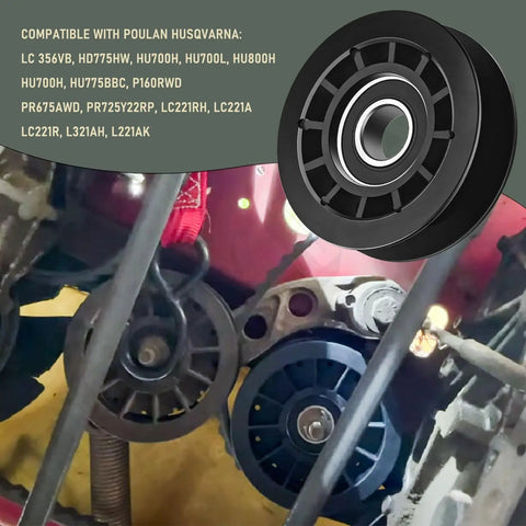 Idler Pulley For Husqvarna AWD Lawn Equipment Replaces 587969201 with compatibility details in background