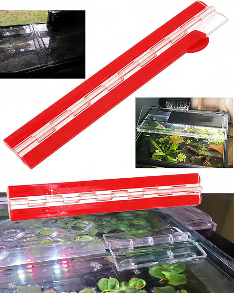 Twelve Inch Clear Acrylic Self Adhesive Piano Hinges Ten Pack shown on an aquarium lid for secure installation.