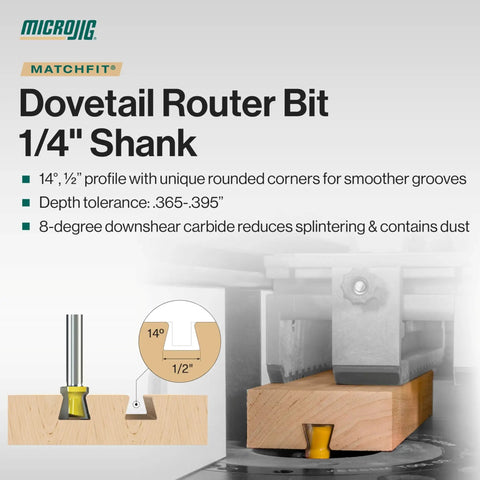 Matchfit Dovetail Router Bit 14 Degree Cutter, 1/2 Inch Diameter, 1/4 Inch Shank, shown creating a clean dovetail groove.