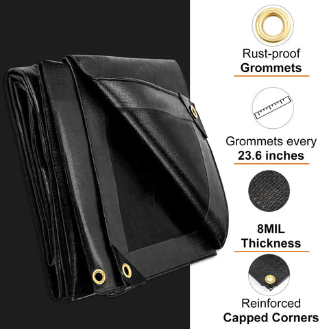 Heavy Duty 12x16 Ft Tarp 8 Mil Waterproof With Grommets Every 23.6 Inches Tear Resistant Plastic with reinforced edges