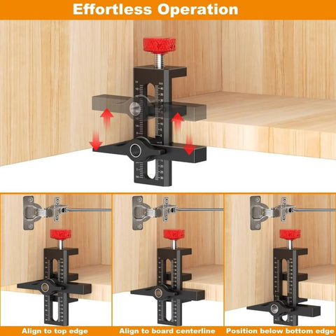 Cabinet Door Mounting Jig With Quick Edge Positioner For Frameless And Face Frame Cabinets Pro Grade Aluminum Hardware Tool For Precise Alignment And 90 Degree Accuracy Slick Setup And Easy Use, demonstrating alignment positions.