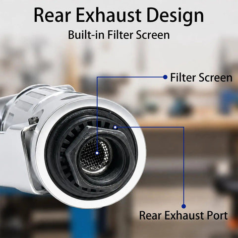 Top Rated Heavy Hitter Air Die Grinder 1/4 Inch 25000 Rpm Variable Speed Throttle with rear exhaust design and filter screen.