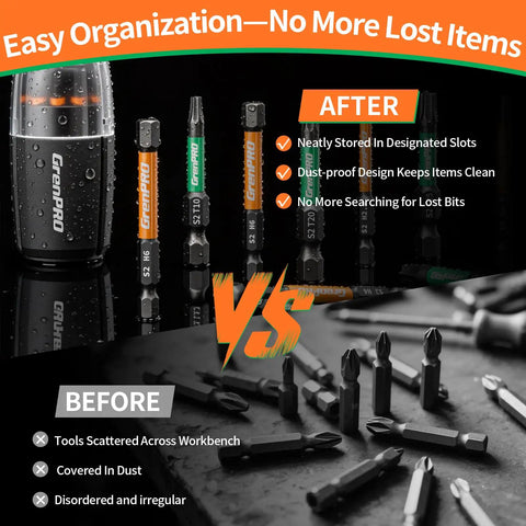 Impact Screwdriver Bits Set 33 Piece With Two Inch Allen And Torx Bits S2 Steel in neat and disorganized comparison.