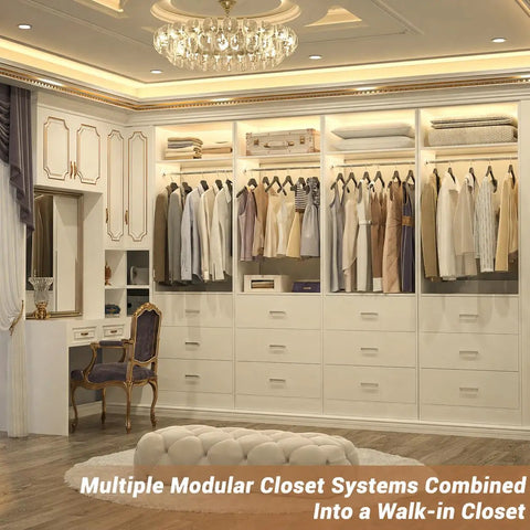 A Portable Modular Closet Organization System With Twelve Sturdy Wood Drawers And Rollers Helps You Kick Clutter To The Curb While Offering Heavy Duty Storage For All Your Threads Across Four Pieces