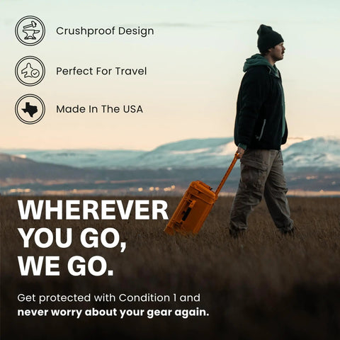 Man walking in field with 22 Inch Large Rolling Lockable Beefy Hard Storage Case With Padded Divider And Lid Organizer Model 300 Waterproof Protective Box.