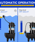 Heavy Duty Sewage Pump 0.75 HP Cast Iron Submersible With Automatic Tethered Float Switch showing start and stop levels.