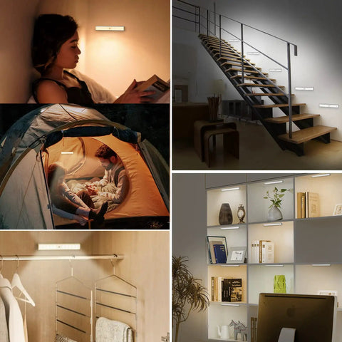 Six Pack Wireless Under Cabinet Lights With Remote USB Rechargeable RGB LED Bar Kit illuminating various spaces like shelves and stairs.