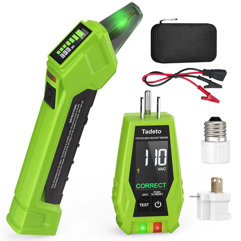 Go-To All In One Circuit Breaker Finder And Outlet Tester With GFCI Detection, Dual LCD Displays, light socket, adapters, case