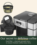 All In One Grind And Brew Coffee Center With Built In Grinder Coffeemaker in Black and Silver with charcoal and gold tone filters
