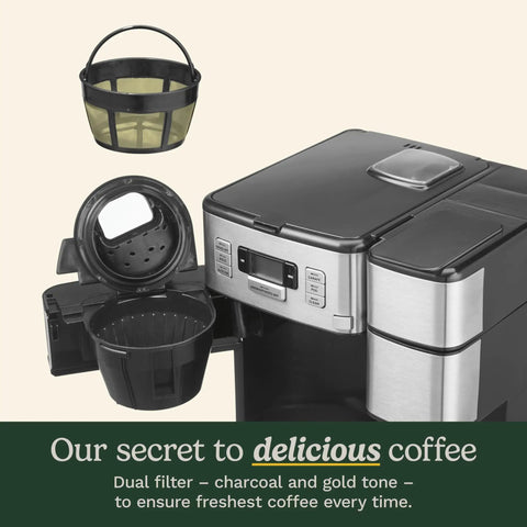 All In One Grind And Brew Coffee Center With Built In Grinder Coffeemaker in Black and Silver with charcoal and gold tone filters