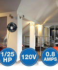12 Inch Powder Coated Steel Wall Mount Fan Black installed in a room, 1360 CFM Industrial Cooling Fan with 9ft Power Cord, Pull Cord Switch
