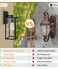 Comparison of Dusk To Dawn Outdoor Wall Sconce With Photocell Sensor and a rusty lantern highlighting durability and features
