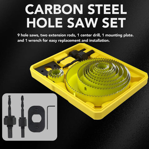 Pro Level 13 Piece Hole Saw Set With Arbor And Twist Drill Bits Built Tough From Heat Treated Carbon Steel Heavy Duty Cutter for various applications.