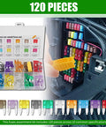 Image showing 120Pcs Car Mini Blade Fuse Assortment Kit With Heavy Grip Puller Wrench 2A To 35A colored fuses in case.