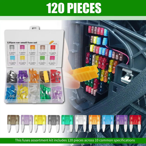 Image showing 120Pcs Car Mini Blade Fuse Assortment Kit With Heavy Grip Puller Wrench 2A To 35A colored fuses in case.