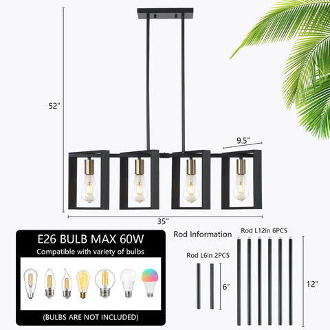 Four Light Wood Chandelier With Black Wood Frame And Gold E26 Socket Industrial Rectangle Linear Pendant Light For Kitchen Island Bar Hallway And Pool Table Height Adjustable Rustic Farmhouse Vibe with dimensions and rod details