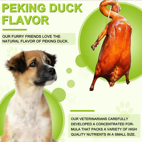 Game Changer Milk Thistle For Dogs With 180 Chewable Tablets Top Shelf Natural Liver Support And Kidney Repair Plus Solid Immune System Defense Wrapped In Doggo Loving Peking Duck Flavor, dog with Peking duck in background.