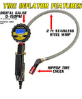 Heavy Duty Tire Inflator Gauge With Backlit Digital Readout 150 PSI Push To Lock Chuck Two Foot Hose Ventoso Body shown
