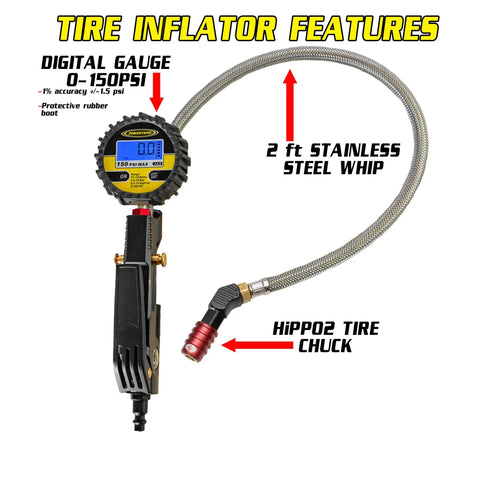 Heavy Duty Tire Inflator Gauge With Backlit Digital Readout 150 PSI Push To Lock Chuck Two Foot Hose Ventoso Body shown