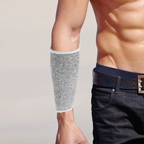 Boss Level Cut Resistant Arm Sleeves Hppe Anti Slash Protective Guards 18 Cm Gray Work Safety Gear for Mechanics and Gardeners shown worn.