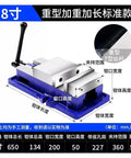 Heavy Duty CNC Milling Vise Packing Killer Grip Steel Jaws And Quick Release Mount For Your Benchtop Shop showing 8 inch precision vise with T-slot and measurements.