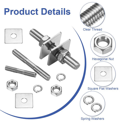 Two Pack M8 X 400mm Stainless Steel Double End Threaded Stud Bolts With Nuts Square Washers And Spring Washers For Home Maintenance