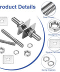 Durable M3x70mm Double Ended Threaded Stud Bolts Set 304 Stainless Steel 10 Pcs With Nuts Square Washers And Spring Washers 70mm Total Length With 25.5mm Thread On Each Side Ideal For DIY Home Fixups. Product detail view with bolts, nuts, square washers, and spring washers