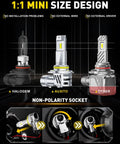 9005 HB3 LED Headlight Bulbs Pair, Straight Fire 40000 Lumens Crisp White Light, Plug And Drop Instant Setup, Zero Glare High Beam Auto Lighting, 2 Pack - mini size design comparison with socket fitting.