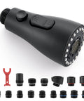Top Shelf Slick Pull Down Kitchen Faucet Sprayer Head Replacement In Matte Black with connectors and nozzles, three way spray patterns.