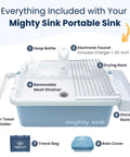 Mighty Sink Portable Sink with soap bottle, electronic faucet, drying rack, removable strainer, and storage basket.